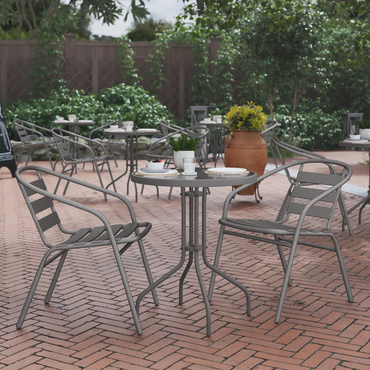Lila 23.75'' Round Glass Top Metal Table with 2 Silver Aluminum Slat Stack Chairs Silver