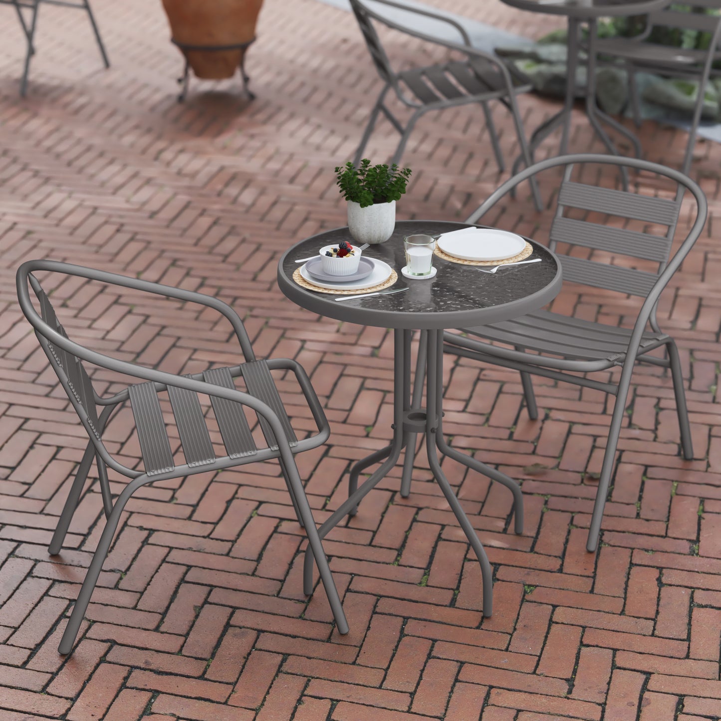 Lila 23.75'' Round Glass Top Metal Table with 2 Silver Aluminum Slat Stack Chairs Silver