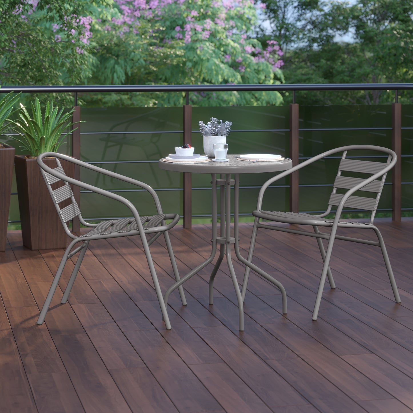 Lila 23.75'' Round Glass Top Metal Table with 2 Silver Aluminum Slat Stack Chairs Silver