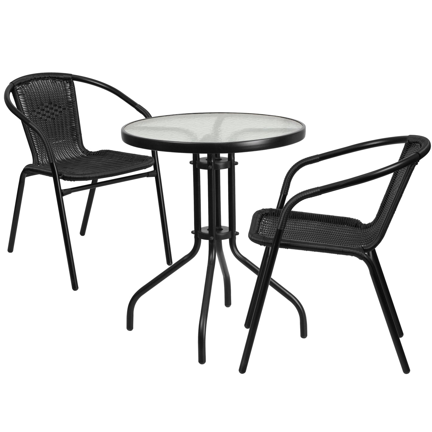 Lila 23.75'' Round Glass Metal Table with 2 Black Rattan Stack Chairs Black