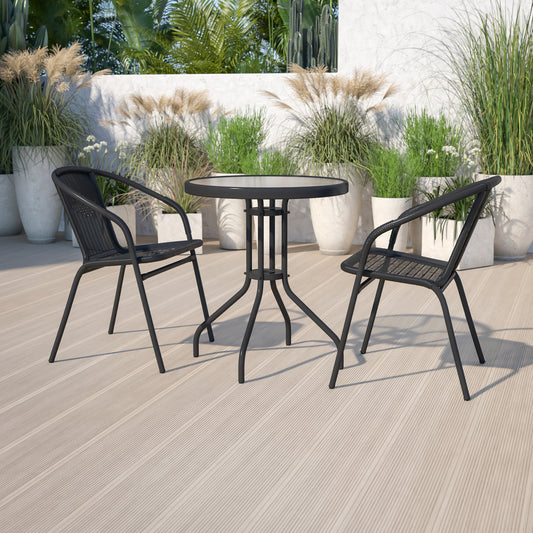 Lila 23.75'' Round Glass Metal Table with 2 Black Rattan Stack Chairs Black