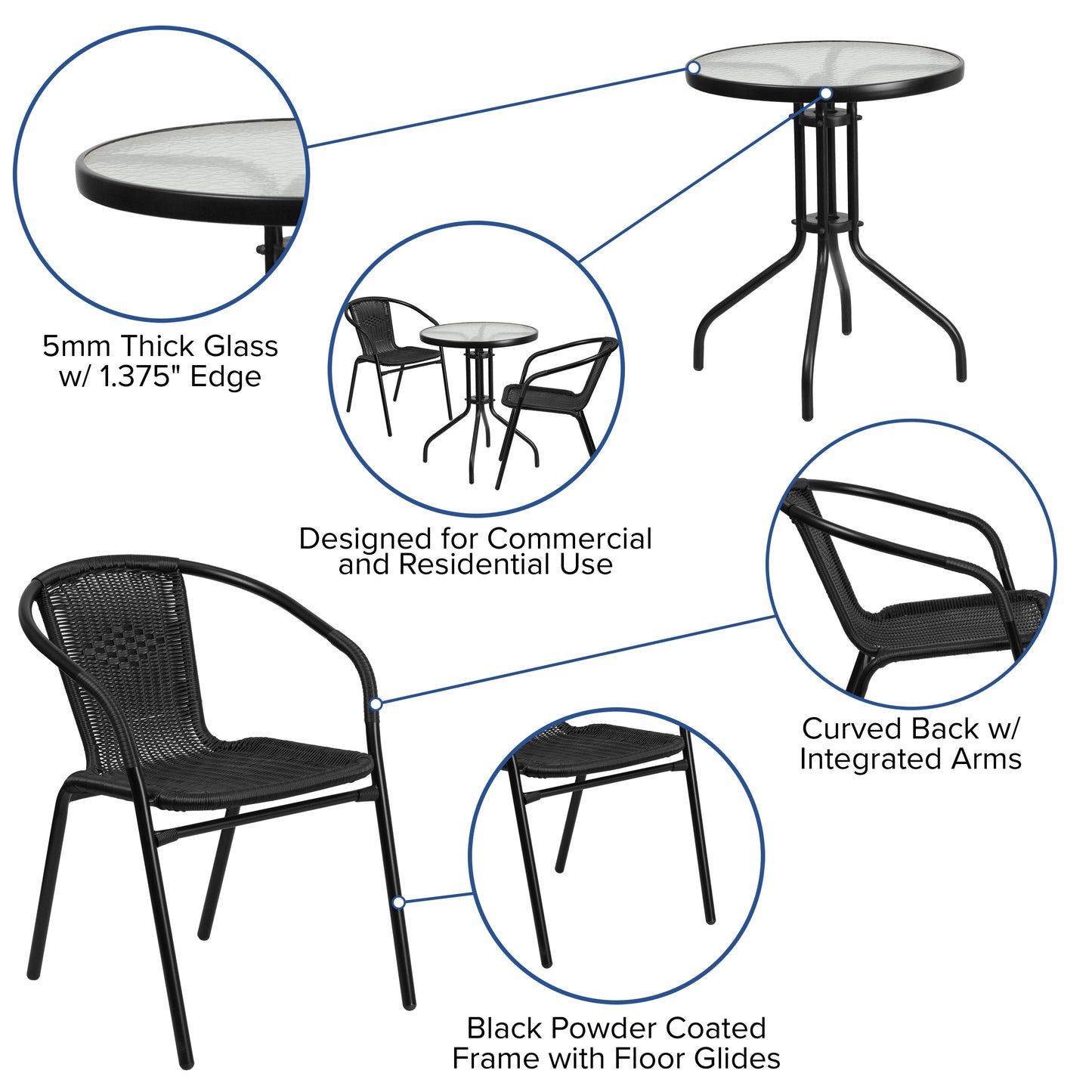 Lila 23.75'' Round Glass Metal Table with 2 Black Rattan Stack Chairs Black