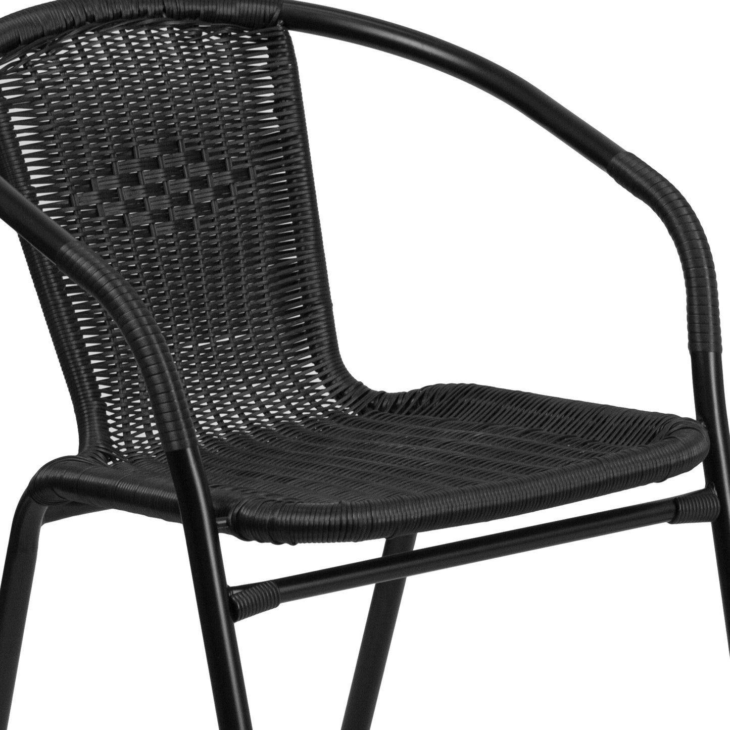 Lila 23.75'' Round Glass Metal Table with 2 Black Rattan Stack Chairs Black