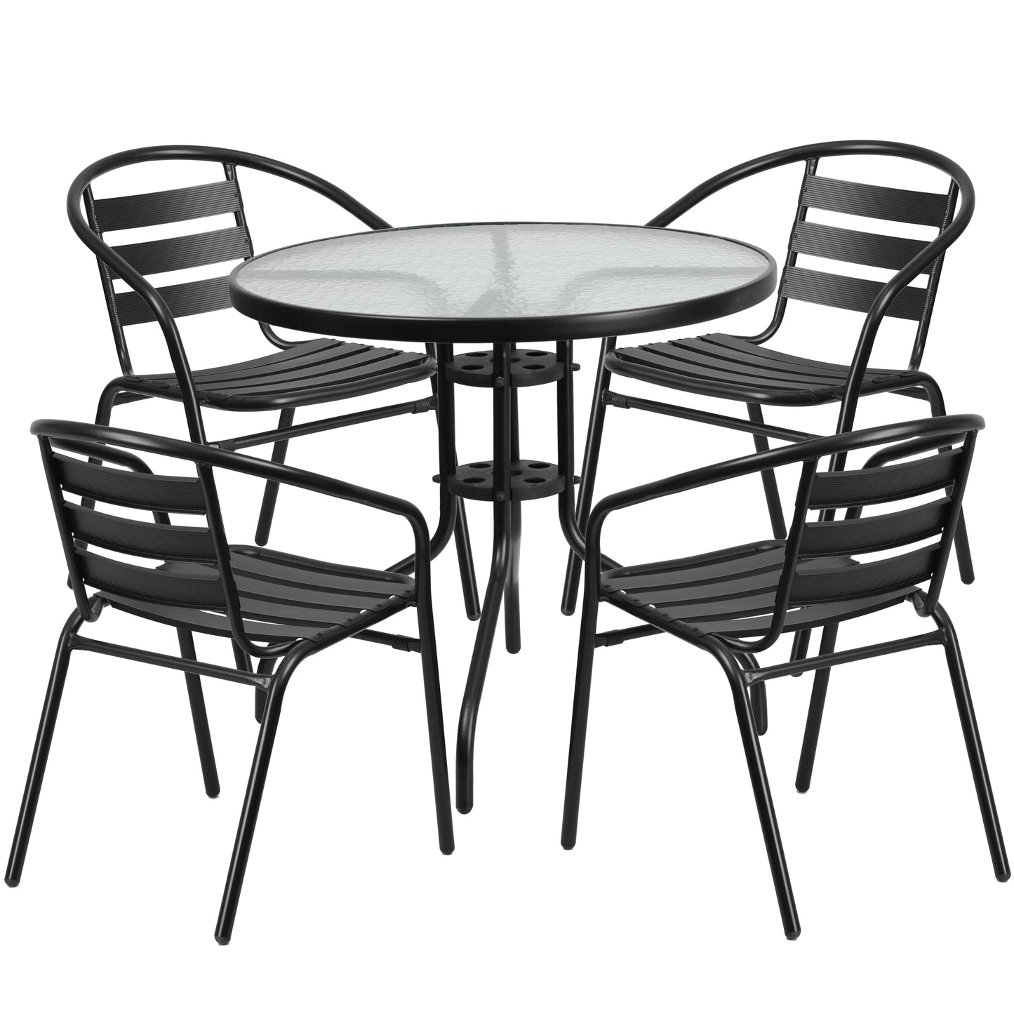 Lila 31.5'' Round Glass Metal Table with 4 Black Metal Aluminum Slat Stack Chairs Black