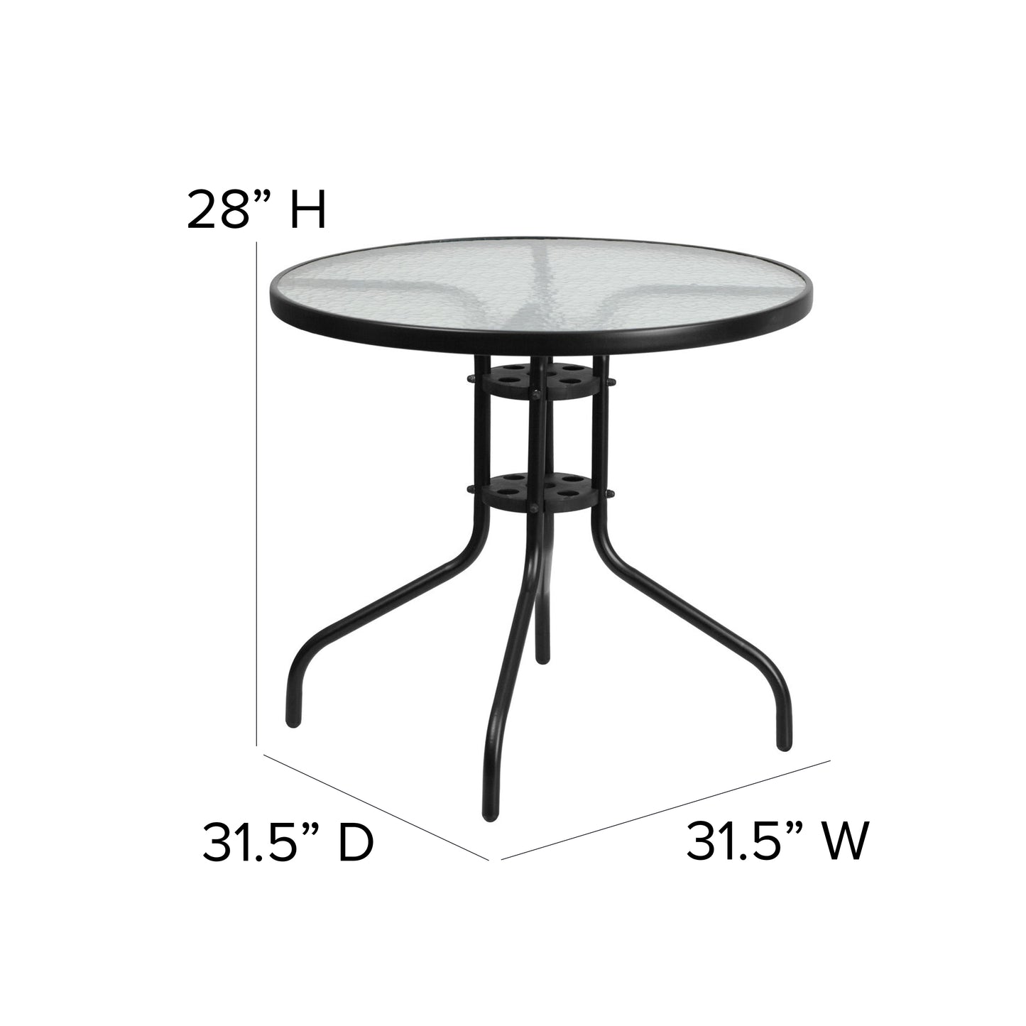 Lila 31.5'' Round Glass Metal Table with 4 Black Metal Aluminum Slat Stack Chairs Black