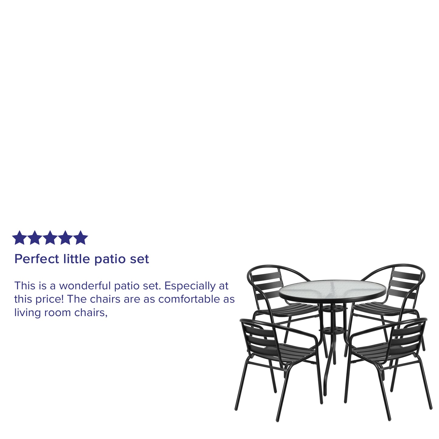Lila 31.5'' Round Glass Metal Table with 4 Black Metal Aluminum Slat Stack Chairs Black