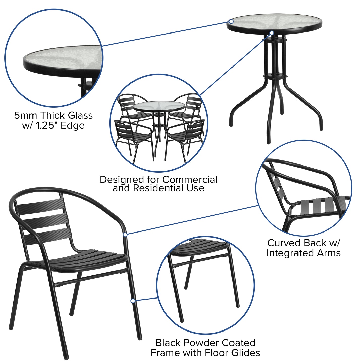 Lila 31.5'' Round Glass Metal Table with 4 Black Metal Aluminum Slat Stack Chairs Black