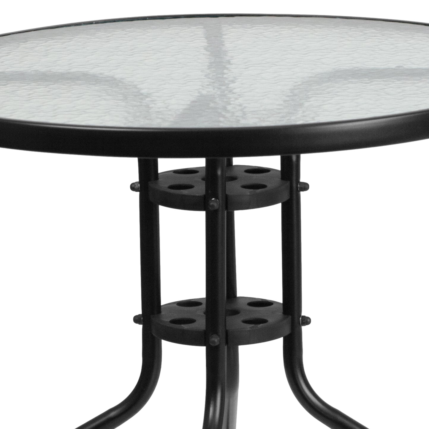 Lila 31.5'' Round Glass Metal Table with 4 Black Metal Aluminum Slat Stack Chairs Black