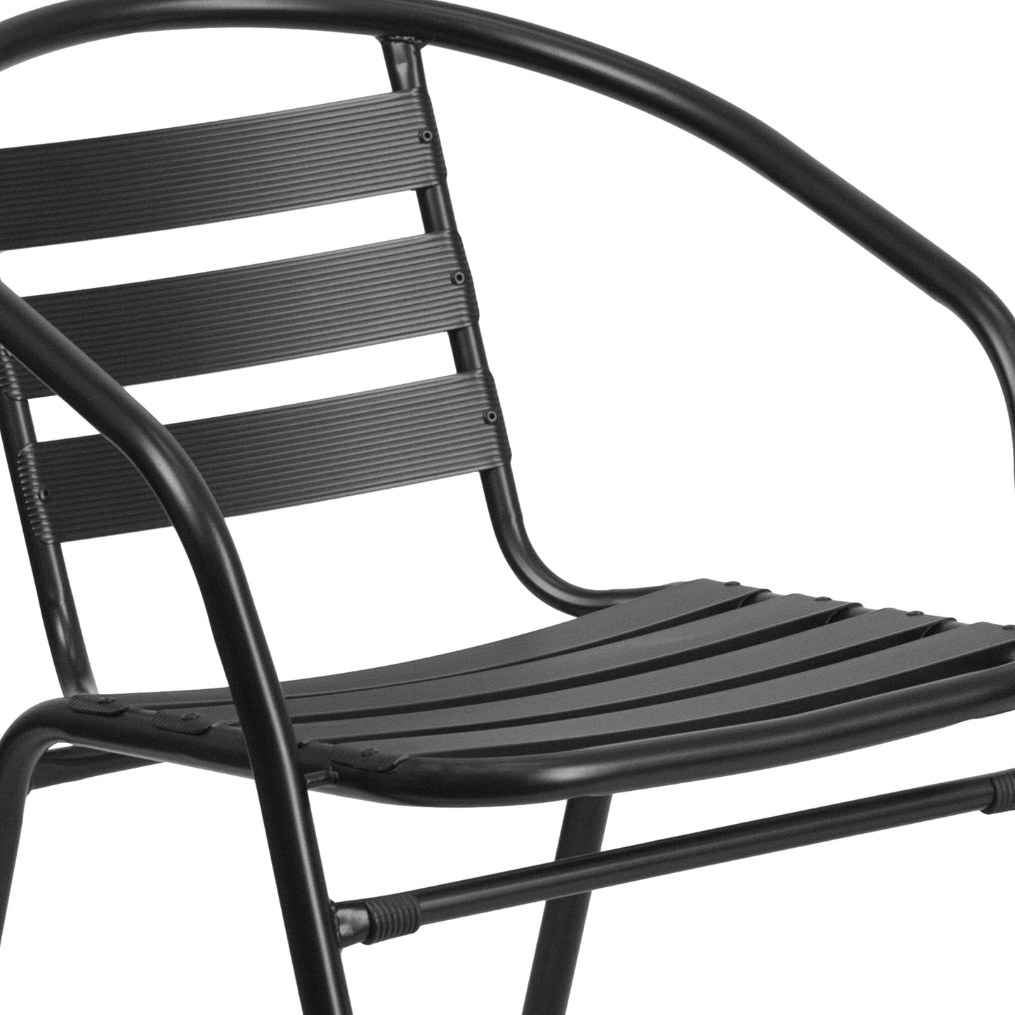 Lila 31.5'' Round Glass Metal Table with 4 Black Metal Aluminum Slat Stack Chairs Black