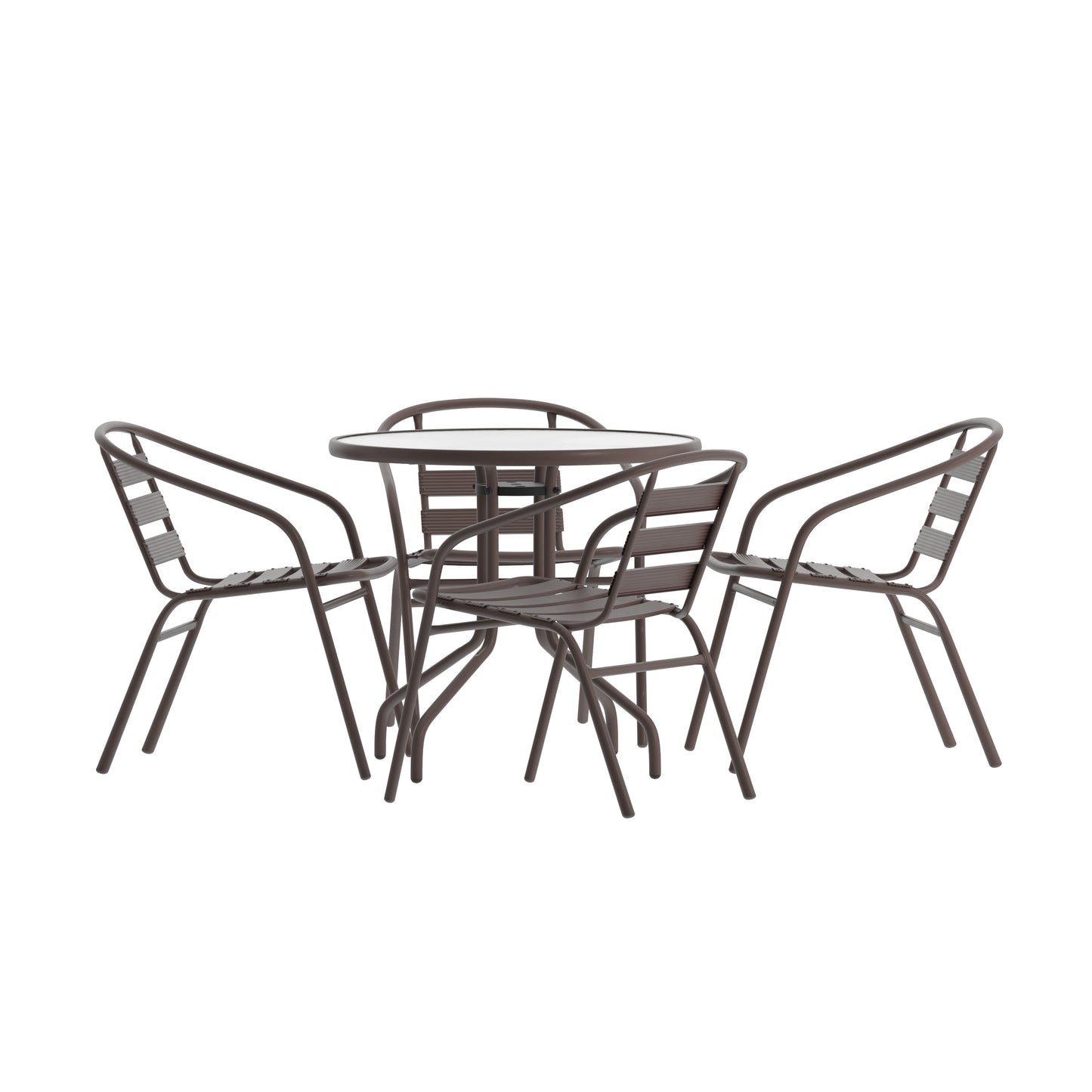 Lila 31.5'' Round Glass Top Metal Table with 4 Bronze Aluminum Slat Stack Chairs Bronze