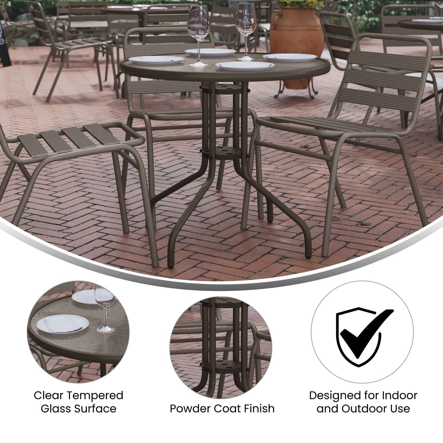 Lila 31.5'' Round Glass Top Metal Table with 4 Bronze Aluminum Slat Stack Chairs Bronze