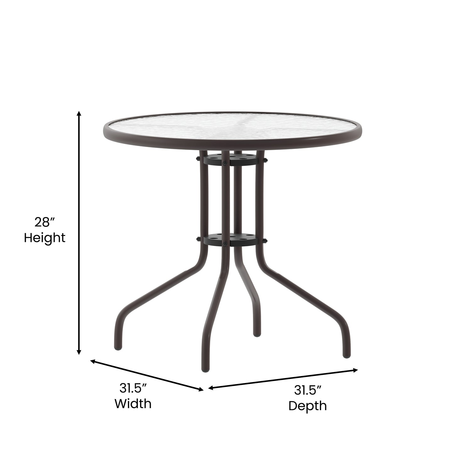 Lila 31.5'' Round Glass Top Metal Table with 4 Bronze Aluminum Slat Stack Chairs Bronze
