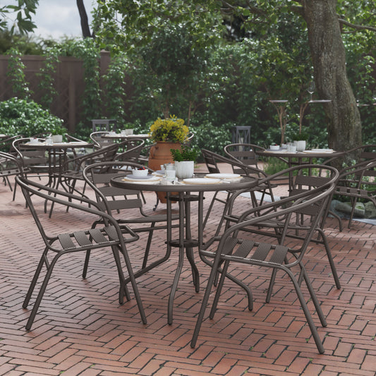 Lila 31.5'' Round Glass Top Metal Table with 4 Bronze Aluminum Slat Stack Chairs Bronze