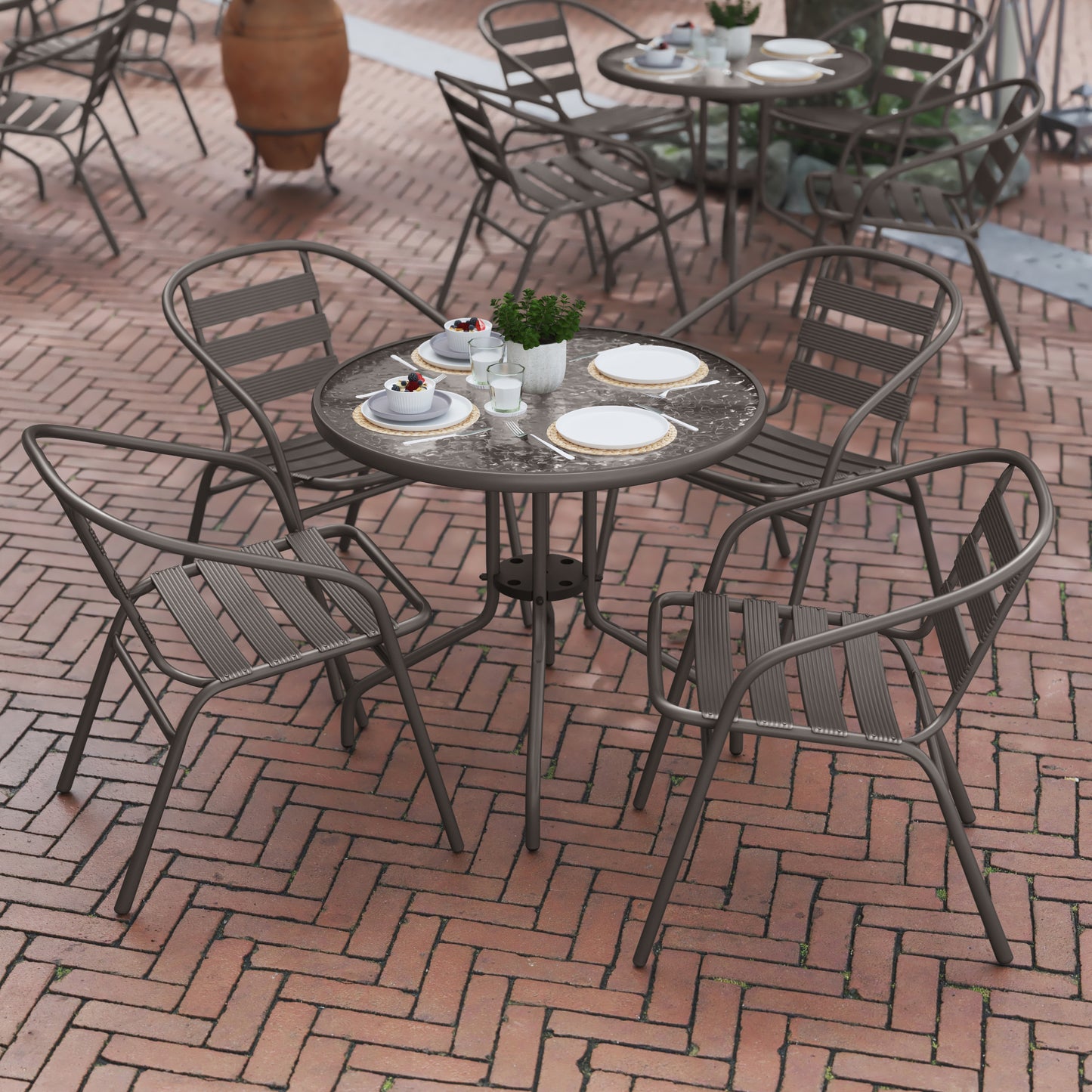 Lila 31.5'' Round Glass Top Metal Table with 4 Bronze Aluminum Slat Stack Chairs Bronze
