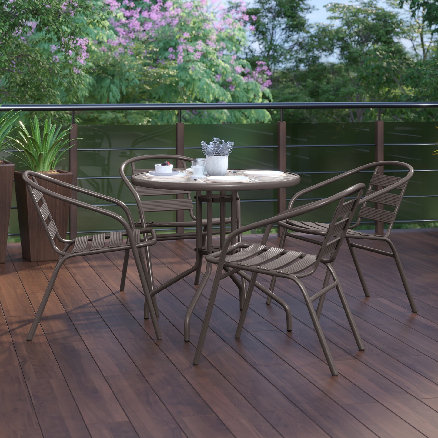Lila 31.5'' Round Glass Top Metal Table with 4 Bronze Aluminum Slat Stack Chairs Bronze