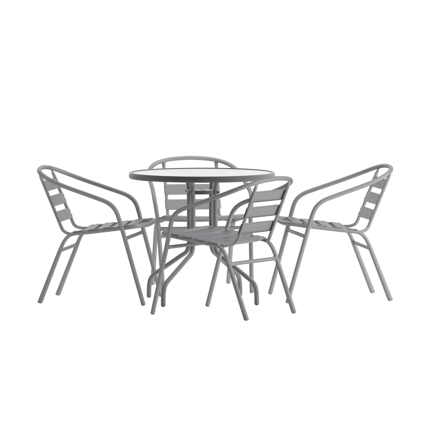 Lila 31.5'' Round Glass Top Metal Table with 4 Silver Aluminum Slat Stack Chairs Silver