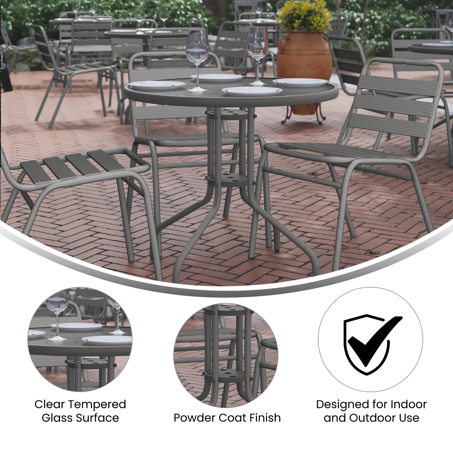 Lila 31.5'' Round Glass Top Metal Table with 4 Silver Aluminum Slat Stack Chairs Silver