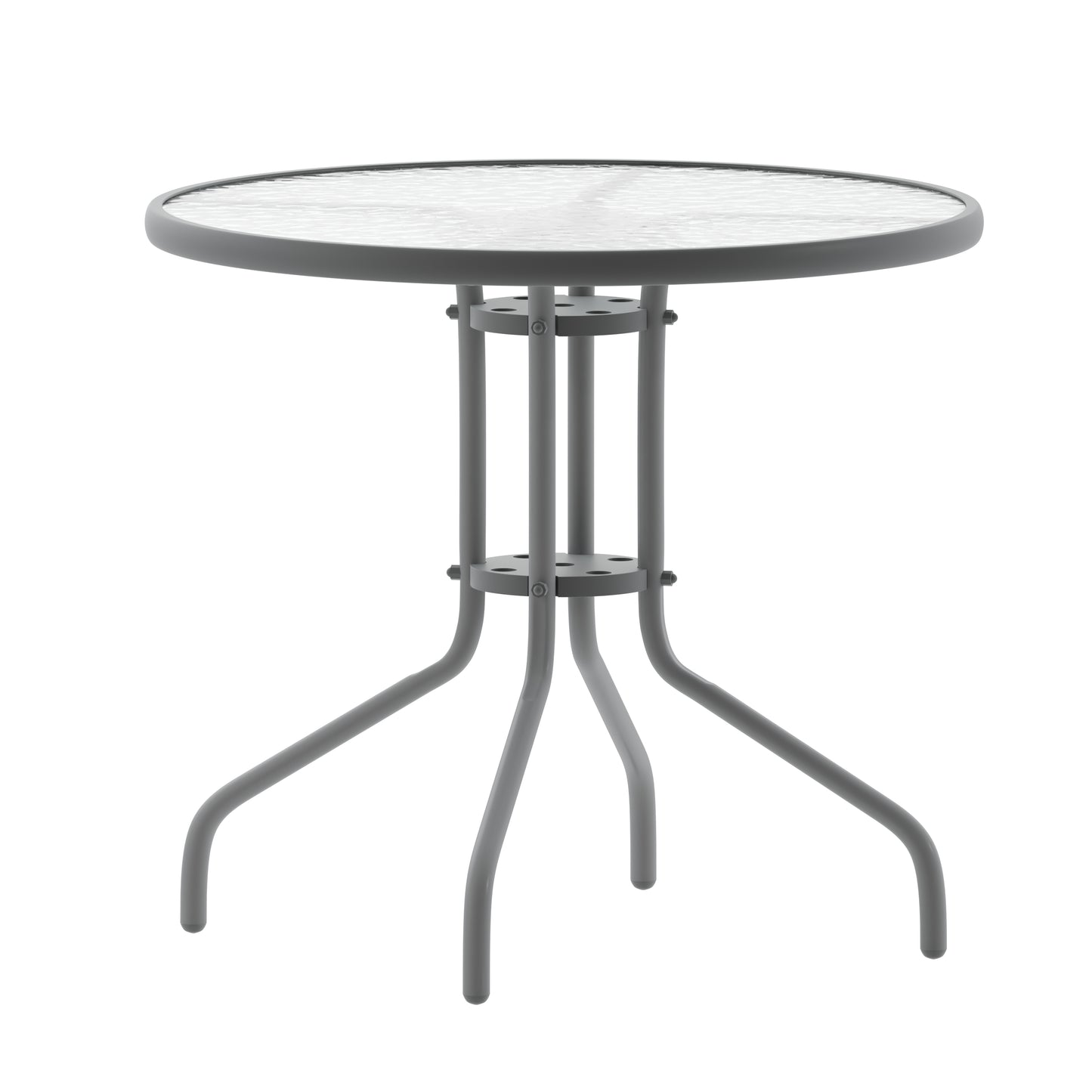 Lila 31.5'' Round Glass Top Metal Table with 4 Silver Aluminum Slat Stack Chairs Silver