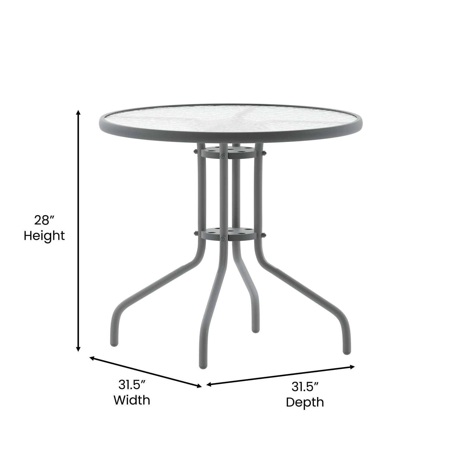 Lila 31.5'' Round Glass Top Metal Table with 4 Silver Aluminum Slat Stack Chairs Silver