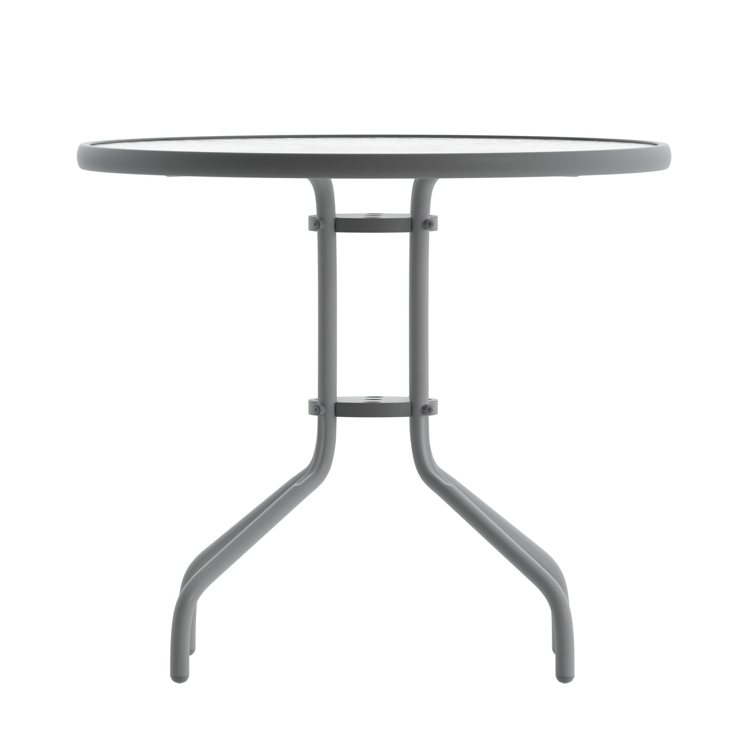 Lila 31.5'' Round Glass Top Metal Table with 4 Silver Aluminum Slat Stack Chairs Silver