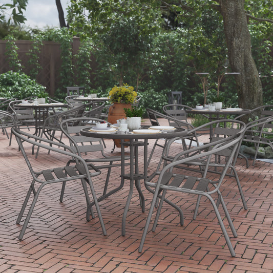 Lila 31.5'' Round Glass Top Metal Table with 4 Silver Aluminum Slat Stack Chairs Silver