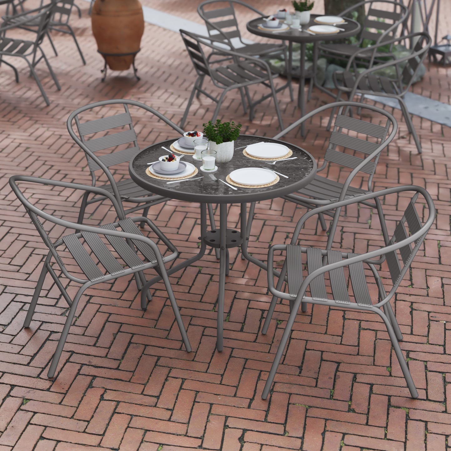 Lila 31.5'' Round Glass Top Metal Table with 4 Silver Aluminum Slat Stack Chairs Silver