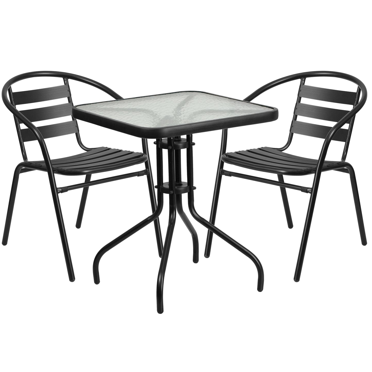 Lila 23.5'' Square Glass Metal Table with 2 Black Metal Aluminum Slat Stack Chairs Black