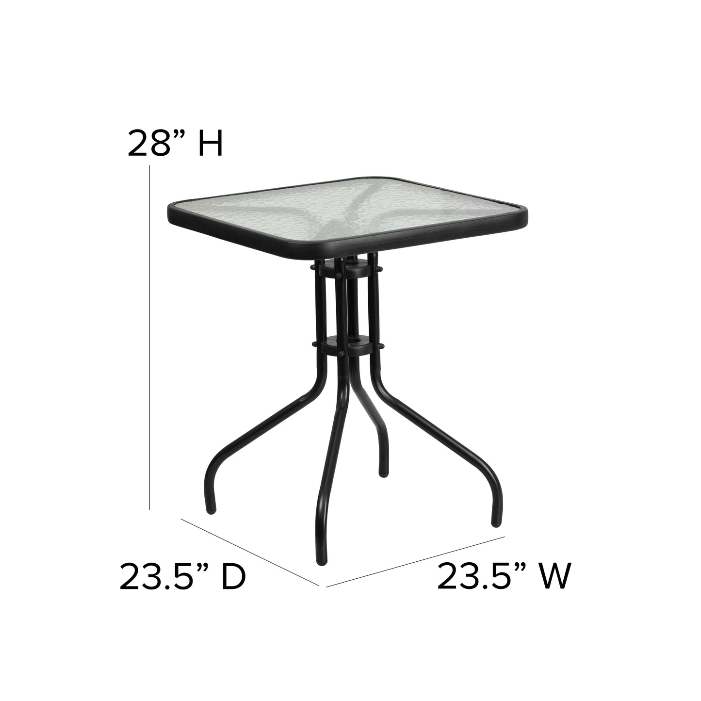 Lila 23.5'' Square Glass Metal Table with 2 Black Metal Aluminum Slat Stack Chairs Black