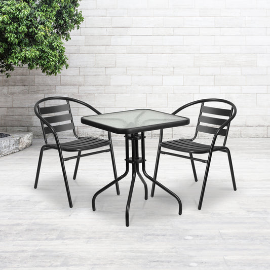 Lila 23.5'' Square Glass Metal Table with 2 Black Metal Aluminum Slat Stack Chairs Black
