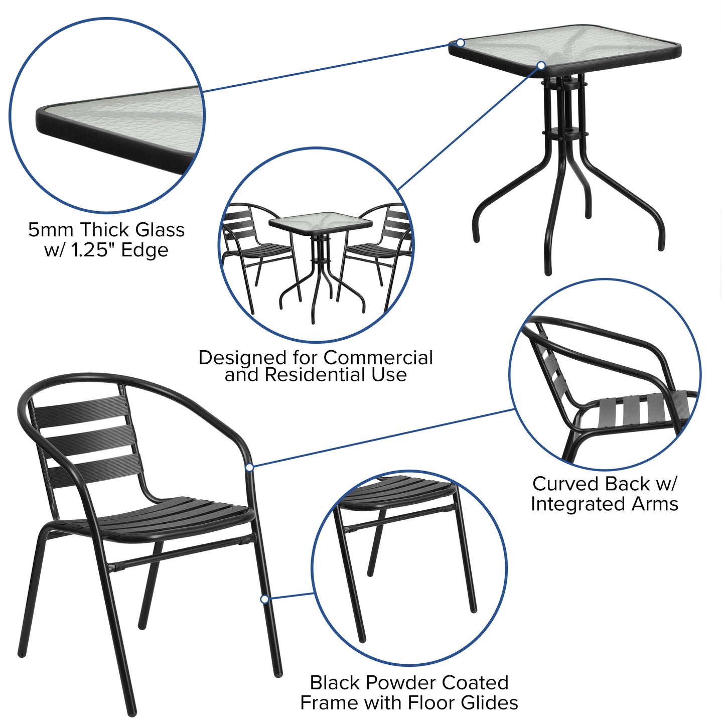 Lila 23.5'' Square Glass Metal Table with 2 Black Metal Aluminum Slat Stack Chairs Black