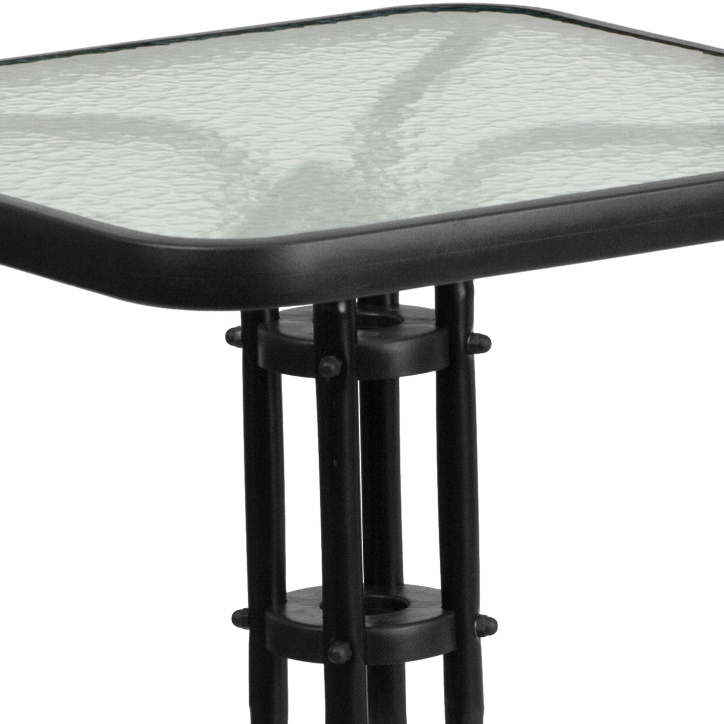 Lila 23.5'' Square Glass Metal Table with 2 Black Metal Aluminum Slat Stack Chairs Black