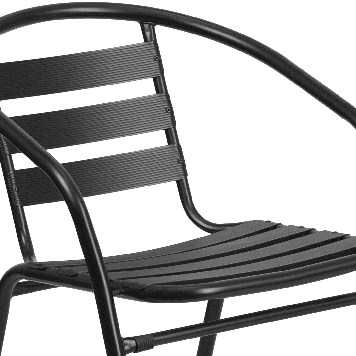 Lila 23.5'' Square Glass Metal Table with 2 Black Metal Aluminum Slat Stack Chairs Black