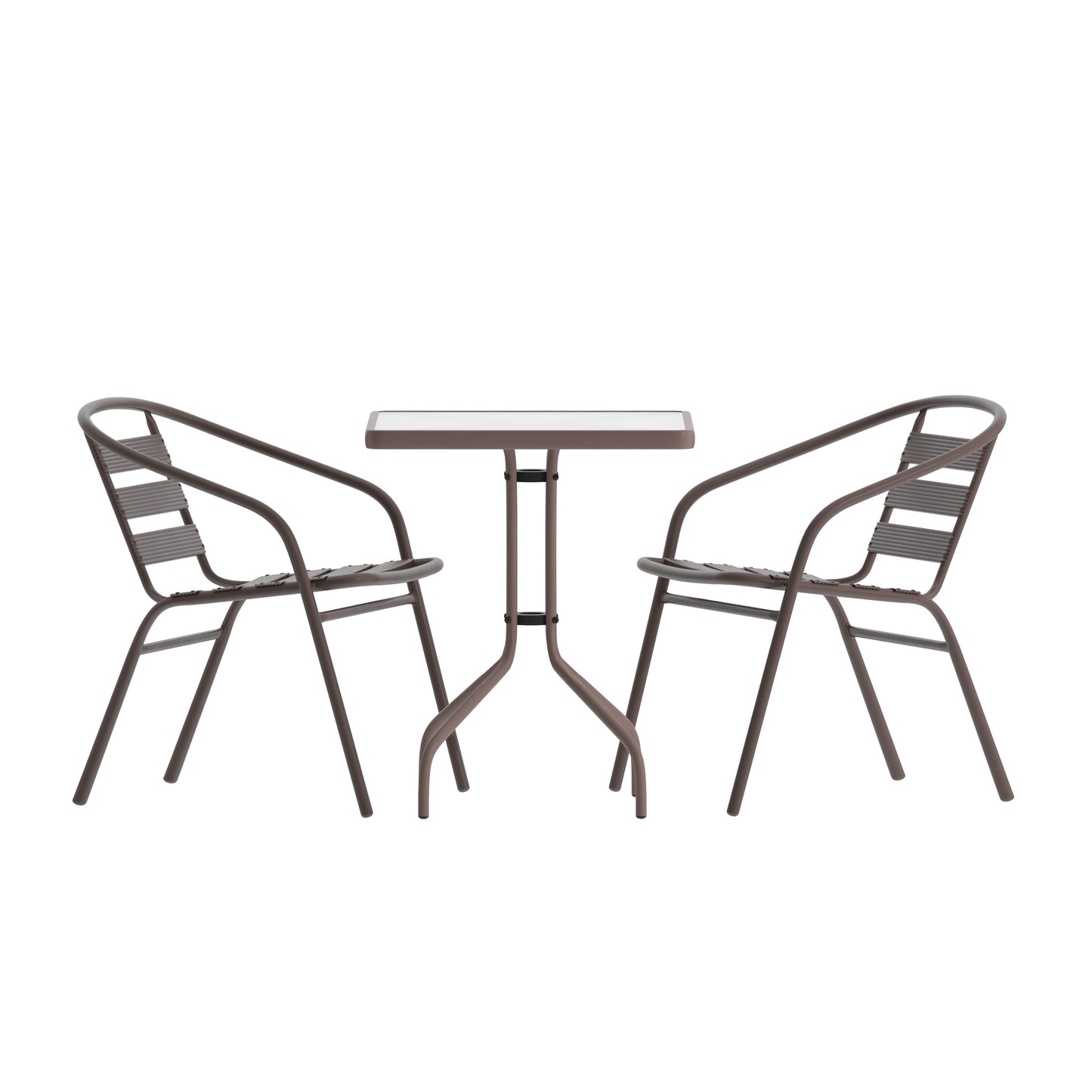Lila 23.5'' Square Glass Top Metal Table with 2 Bronze Aluminum Slat Stack Chairs Bronze