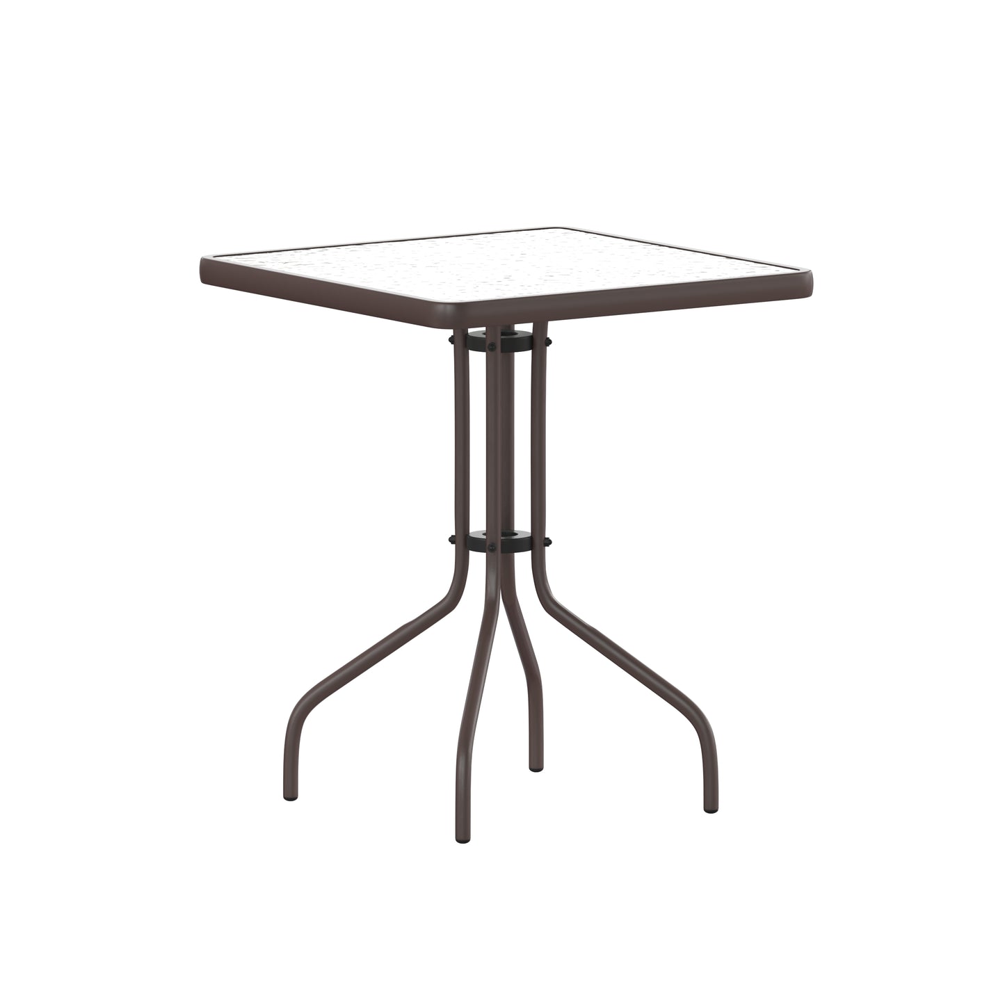 Lila 23.5'' Square Glass Top Metal Table with 2 Bronze Aluminum Slat Stack Chairs Bronze
