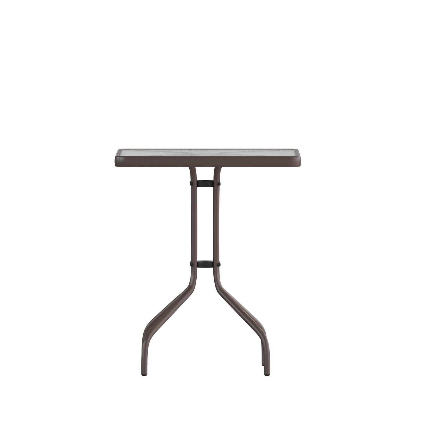 Lila 23.5'' Square Glass Top Metal Table with 2 Bronze Aluminum Slat Stack Chairs Bronze