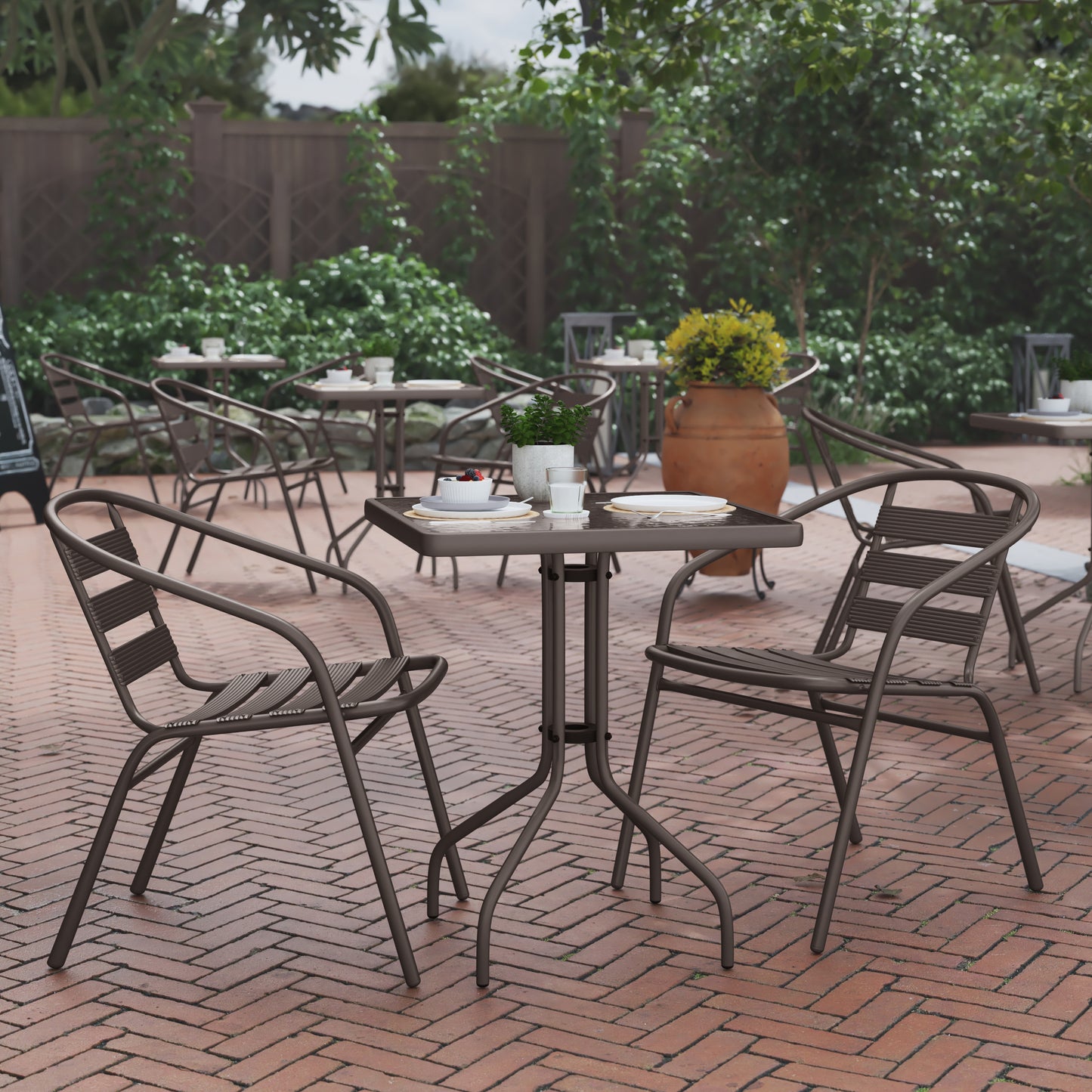 Lila 23.5'' Square Glass Top Metal Table with 2 Bronze Aluminum Slat Stack Chairs Bronze