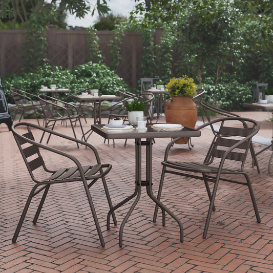 Lila 23.5'' Square Glass Top Metal Table with 2 Bronze Aluminum Slat Stack Chairs Bronze
