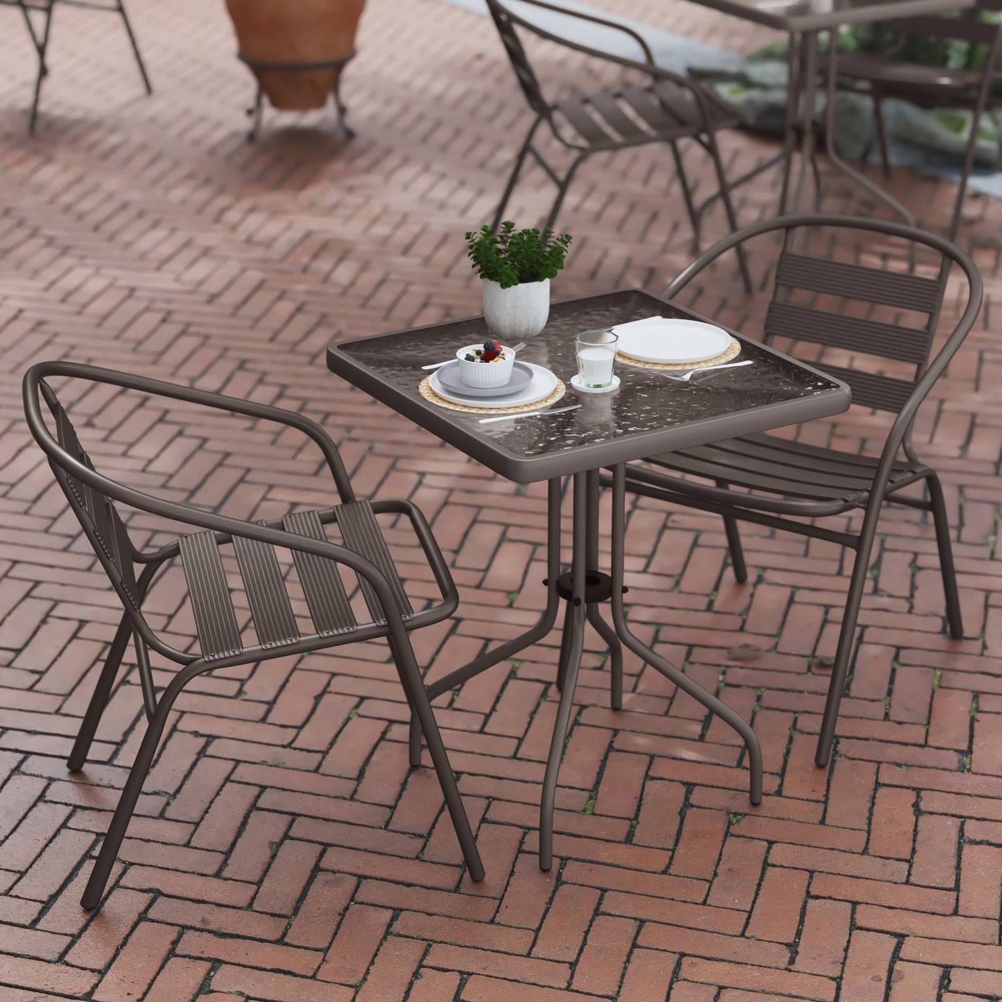 Lila 23.5'' Square Glass Top Metal Table with 2 Bronze Aluminum Slat Stack Chairs Bronze