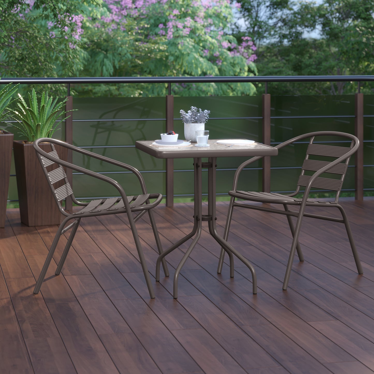 Lila 23.5'' Square Glass Top Metal Table with 2 Bronze Aluminum Slat Stack Chairs Bronze