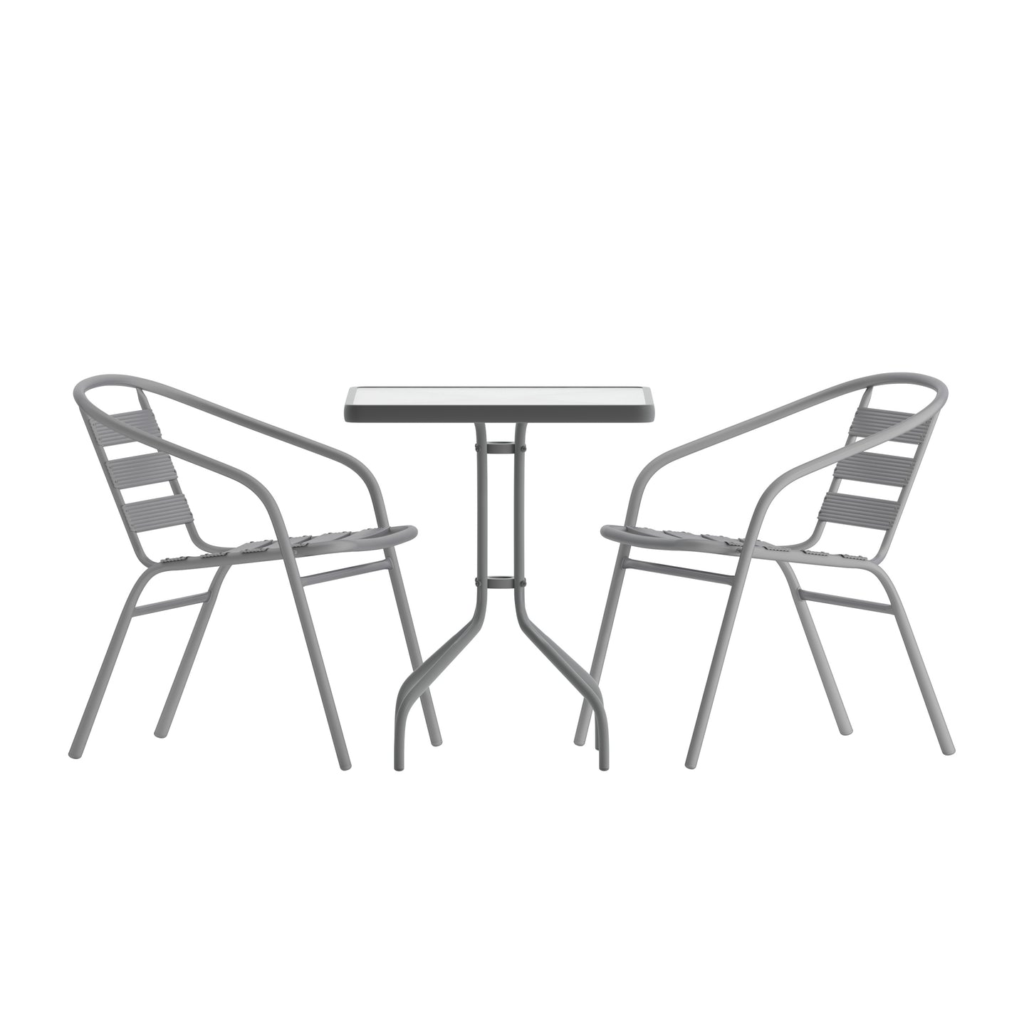 Lila 23.5'' Square Glass Top Metal Table with 2 Silver Aluminum Slat Stack Chairs Silver