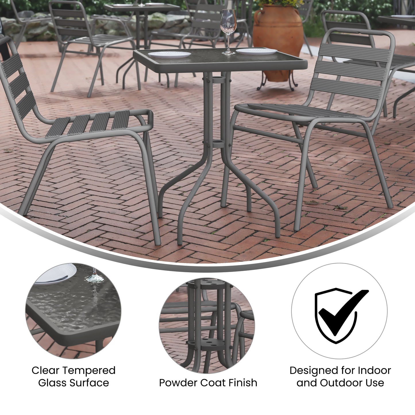 Lila 23.5'' Square Glass Top Metal Table with 2 Silver Aluminum Slat Stack Chairs Silver