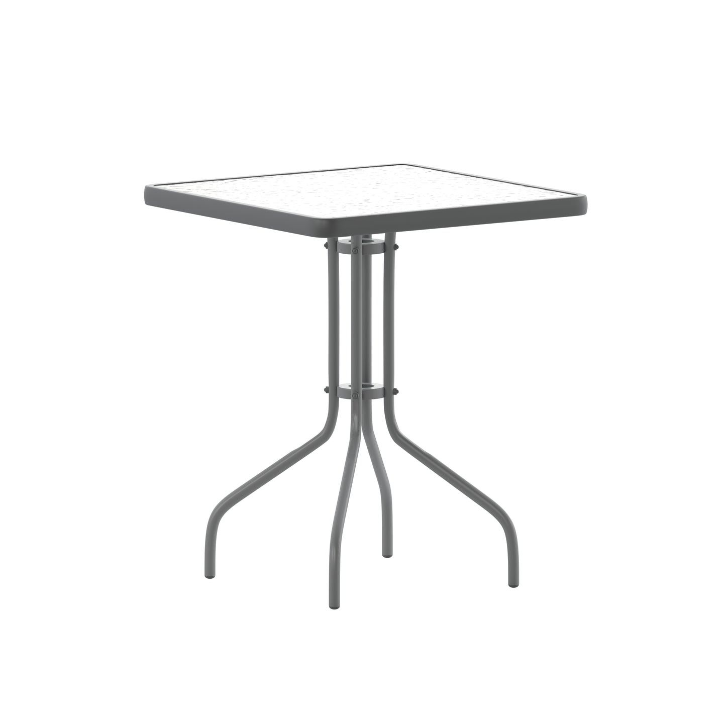 Lila 23.5'' Square Glass Top Metal Table with 2 Silver Aluminum Slat Stack Chairs Silver