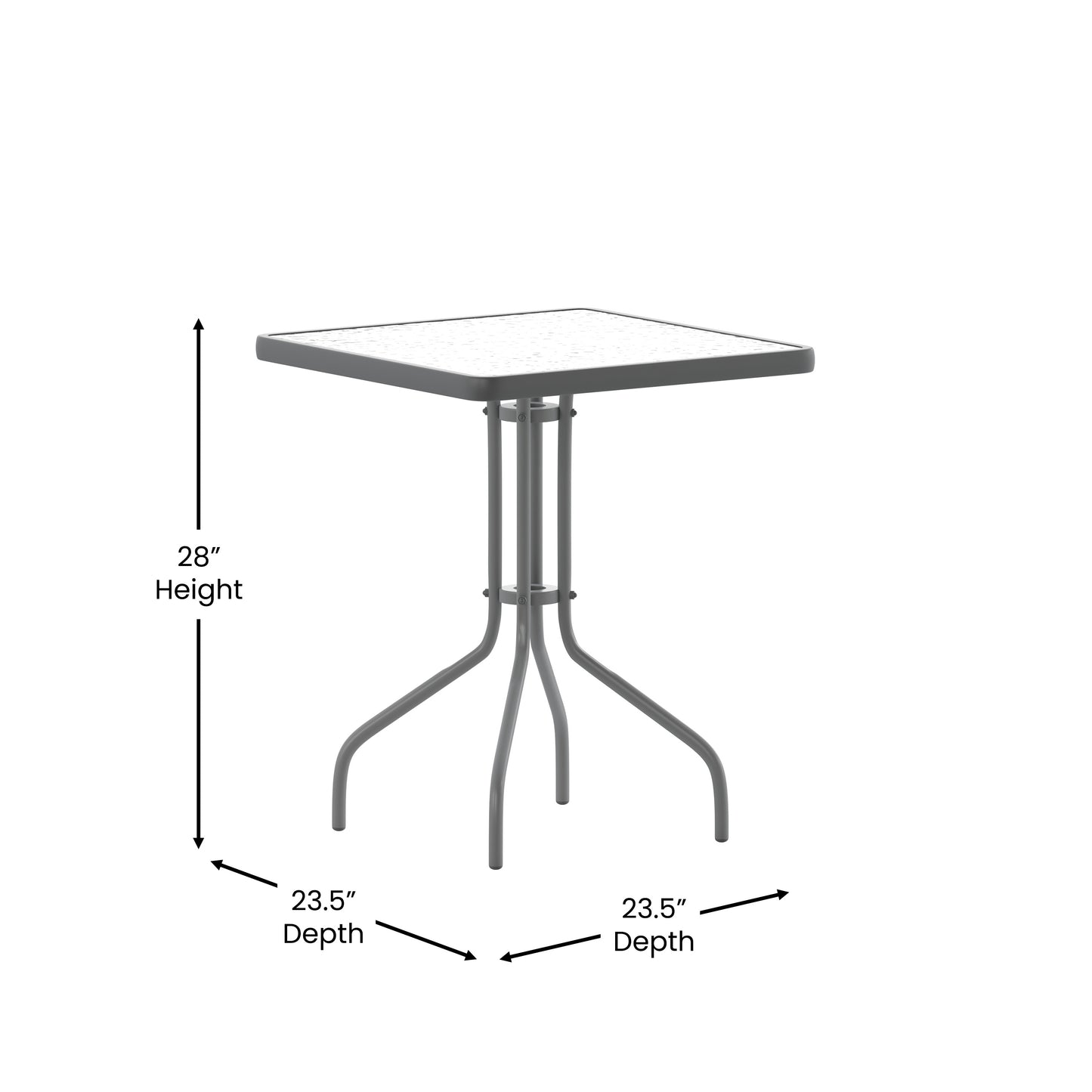 Lila 23.5'' Square Glass Top Metal Table with 2 Silver Aluminum Slat Stack Chairs Silver