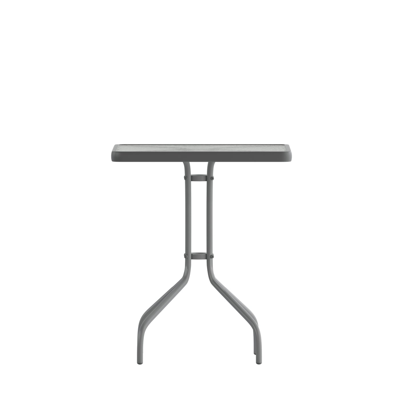 Lila 23.5'' Square Glass Top Metal Table with 2 Silver Aluminum Slat Stack Chairs Silver
