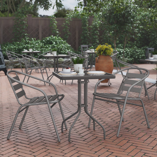 Lila 23.5'' Square Glass Top Metal Table with 2 Silver Aluminum Slat Stack Chairs Silver