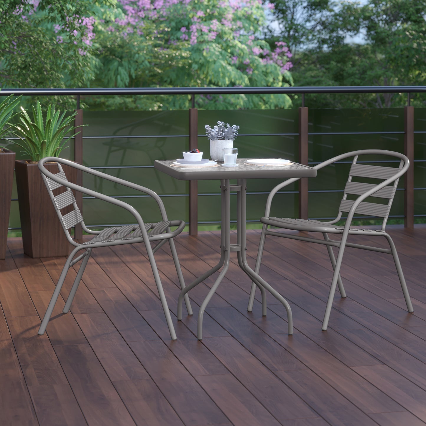 Lila 23.5'' Square Glass Top Metal Table with 2 Silver Aluminum Slat Stack Chairs Silver