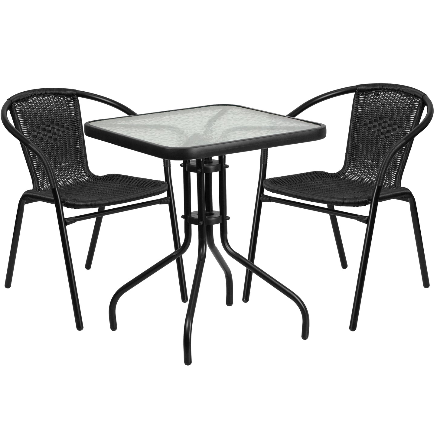 Lila 23.5'' Square Glass Metal Table with 2 Black Rattan Stack Chairs Black TLH-0731SQ-037BK2-GG