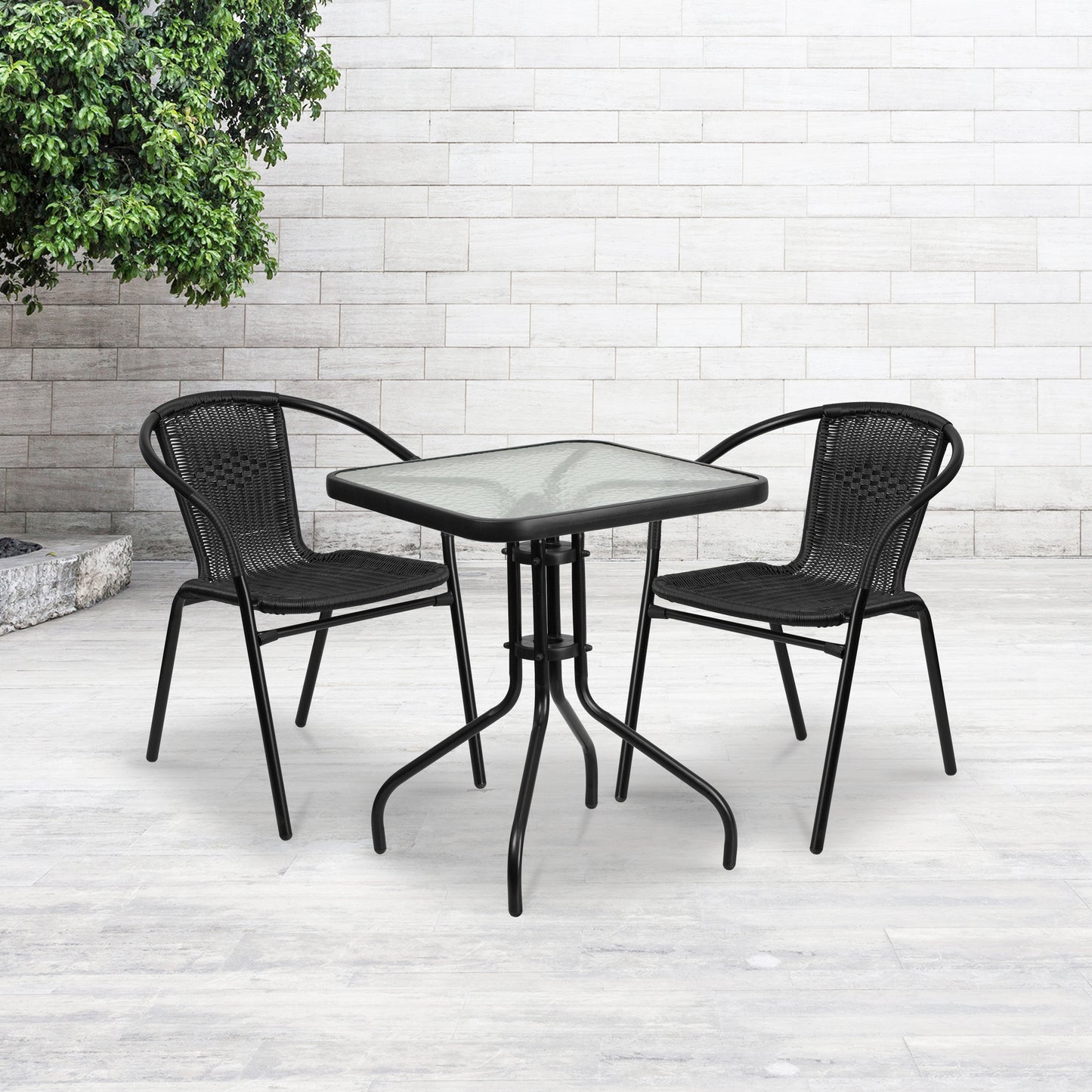 Lila 23.5'' Square Glass Metal Table with 2 Black Rattan Stack Chairs Black TLH-0731SQ-037BK2-GG