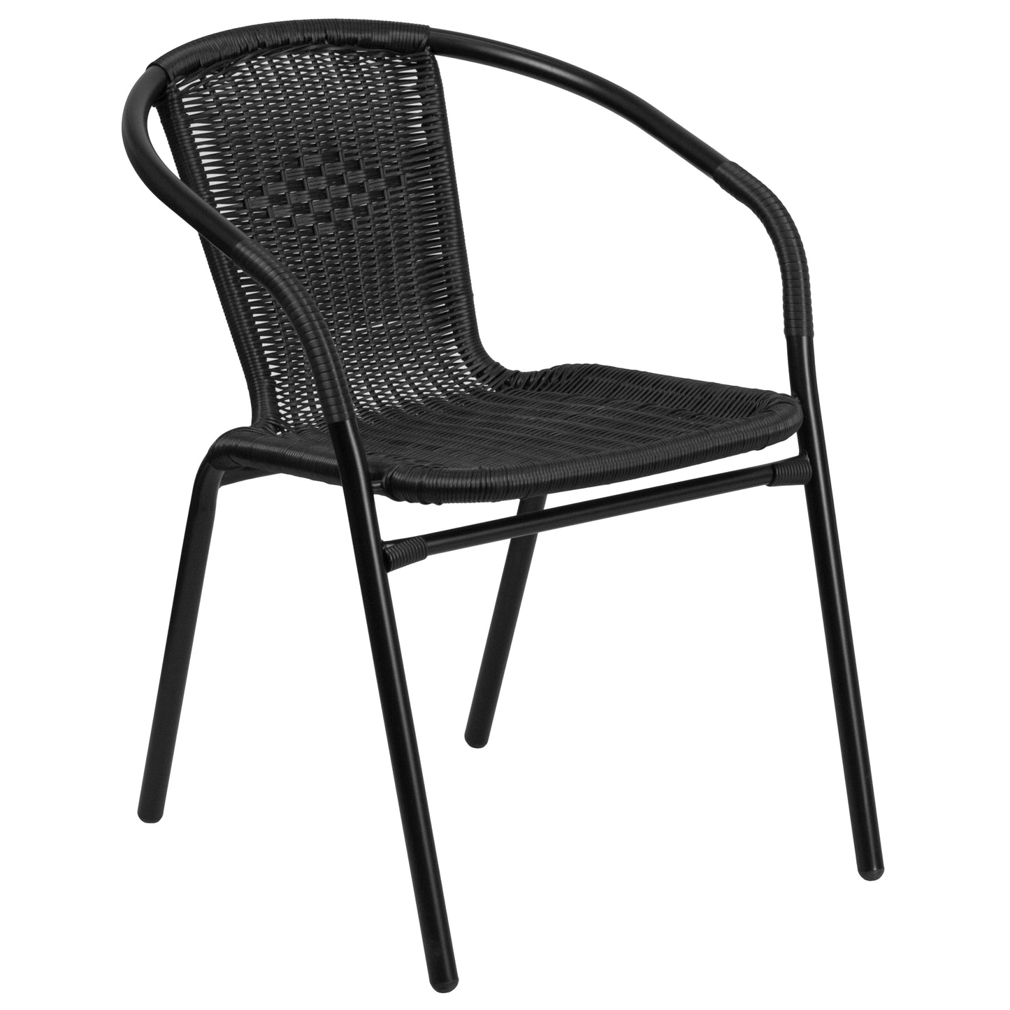 Lila 23.5'' Square Glass Metal Table with 2 Black Rattan Stack Chairs Black TLH-0731SQ-037BK2-GG