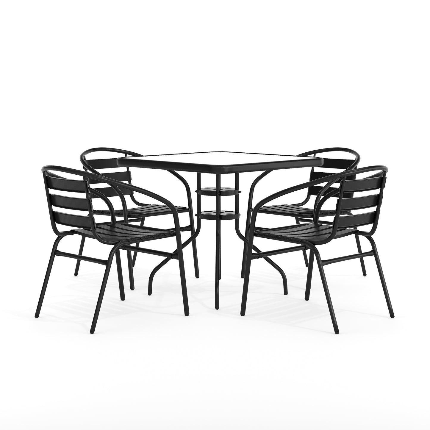 Lila 31.5'' Square Glass Metal Table with 4 Black Metal Aluminum Slat Stack Chairs Black